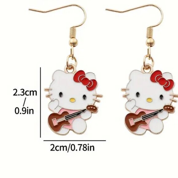 Hello Kitty Guitar Earrings Enamel Rock Sanrio Dangle Rave Emo Scene Trendy Fun - Picture 2 of 2